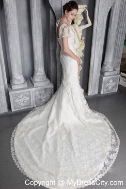 Beautiful Column V-neck Ribboned Wedding Dress with Short Lace Sleeves