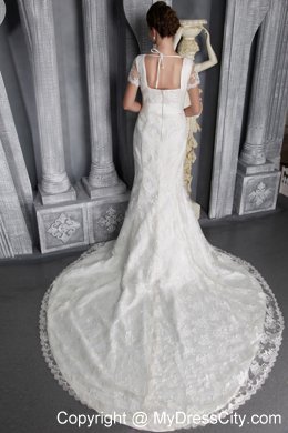 Beautiful Column V-neck Ribboned Wedding Dress with Short Lace Sleeves