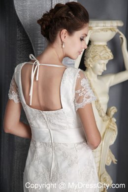 Beautiful Column V-neck Ribboned Wedding Dress with Short Lace Sleeves