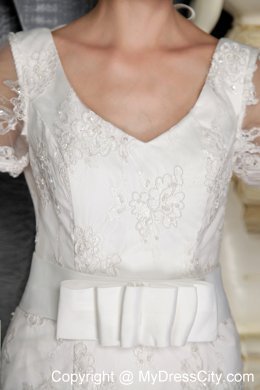 Beautiful Column V-neck Ribboned Wedding Dress with Short Lace Sleeves