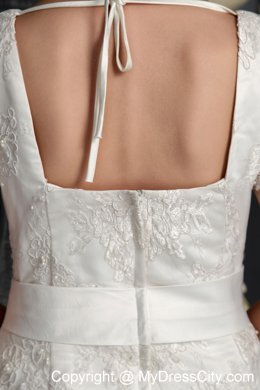 Beautiful Column V-neck Ribboned Wedding Dress with Short Lace Sleeves