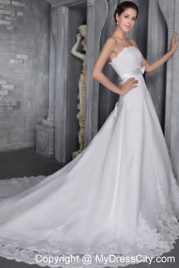 White Strapless A-Line Chapel Train Lace and Beading Wedding Gown