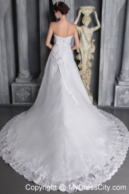 White Strapless A-Line Chapel Train Lace and Beading Wedding Gown