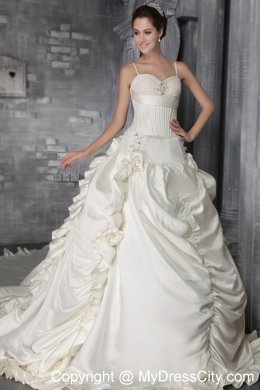 White Princess Straps Taffeta Beading Wedding Dress with cathedral Train