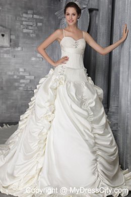 White Princess Straps Taffeta Beading Wedding Dress with cathedral Train