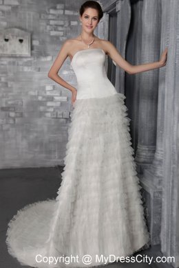 High end Strapless A-Line Sweep Satin and Tulle Ruffled Dress for Brides