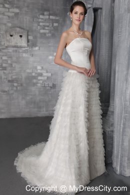 High end Strapless A-Line Sweep Satin and Tulle Ruffled Dress for Brides