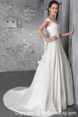 White Column Sheathy Off The Shoulder Court Train Flowery Bridal Dress