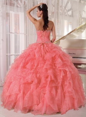 Ball Gown Strapless Best Organza Beading Quinceanera Dress in Watermelon Red