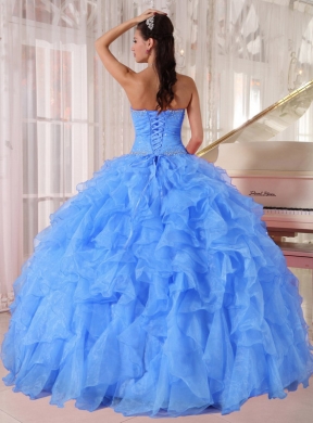 Ball Gown Strapless Organza Blue 2014 Quinceanera Dresses with Ruffles and Beading