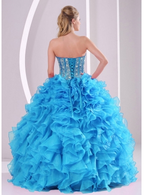 Blue Sweetheart Organza 2014 Quinceanera Gowns with Fitted Waist