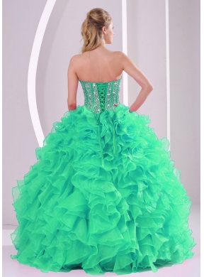 Green Ball Gown Sweetheart Ruffles and Beading Long Best Quinceanera Dresses