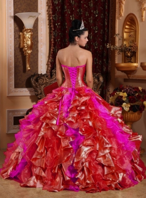 Strapless Ball Gown Ruffles and Beading Embroidery Red Best Quinceanera Dresses