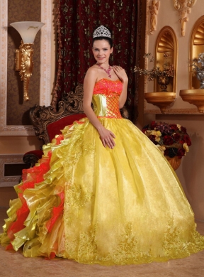 Strapless Ball Gown Rufles Organza Embroidery Gold 2014 Quinceanera Dresses