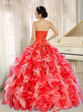 Sweethear Ball Gown Beaded and Ruffles Red Best Quinceanera Dresses