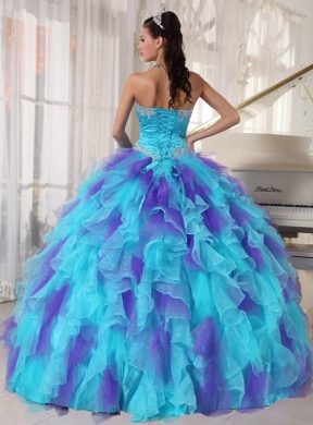 2014 Organza Appliques Decorate Classic Quinceanera Dresses in Aqua and Purple