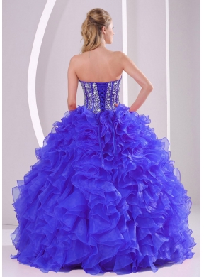 Blue Sweetheart Organza Cheap Quinceanera Dresses with Ruffles and Beading