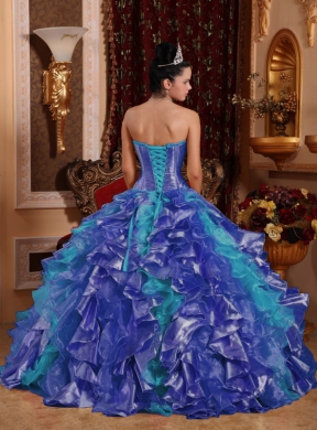 Cheap Ball Gown Strapless Blue Organza Cheap Quinceanera Dresses with Embroidery