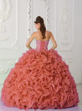 Rust Red Strapless Organza Beading and Ruffled Cheap Quinceanera Dresses