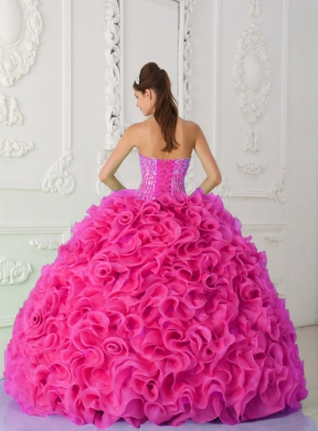 Strapless Ball Gown Organza Hot Pink Classic Quinceanera Dresses with Beading and Ruffles