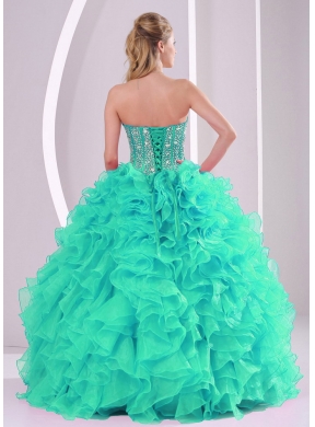 Fall Ball Gown Sweetheart Ruffles and Beaded Decorate Turquoise Elegant Quinceanera Dresses