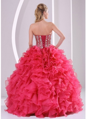 Red Ball Gown Sweetheart Ruffles and Beading Decorate Quinceanera Gowns in Sweet 16