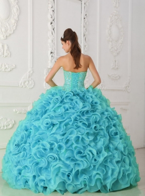 Strapless Organza Beading Ball Gown Elegant Quinceanera Dressess in Blue