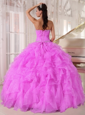 Sweet Ball Gown Strapless Ruffles Organza Beading Fuchsia Quinceanera Dress