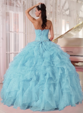 2014 Low Price puffy Light Blue Unique Quinceanera Dresses with Beading and Ruffles