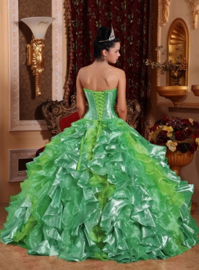 Ball Gown Strapless Green Ruffles Embroidery Pretty Quinceanera Dresses