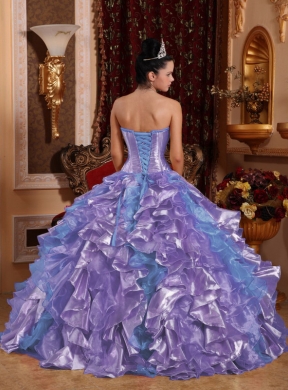 Ball Gown Strapless Ruffles Organza Embroidery Lavender Rainbow Quinceanera Dresses