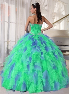 Green and Blue Sweetehart Ruffles and Appliques Unique Quinceanera Dresses