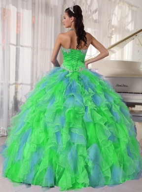 Multi-color Sweetheart Appliques Unique Quinceanera Dresses with Green Flower