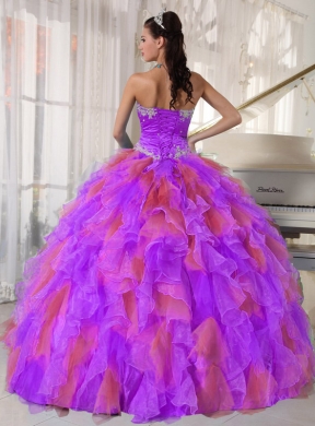 Organza Appliques and Ruffles Sweetheart Rainbow Quinceanera Dresses in Multi-color