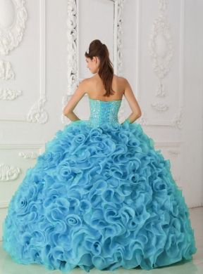 Organza Ball Gown Strapless Beading Blue Pretty Quinceanera Dresses with Ruffles