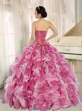 Designer Pink Beaded Bodice and Ruffles Custom Made For 2013 Quinceanera Dress