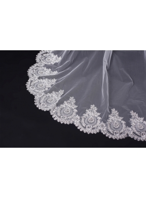 2014 Cheap Two-Tier White Fingertip Veil with Lace Edge