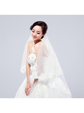 2014 Two-Tier Tulle Lace Appliques Edge Bridal Veils