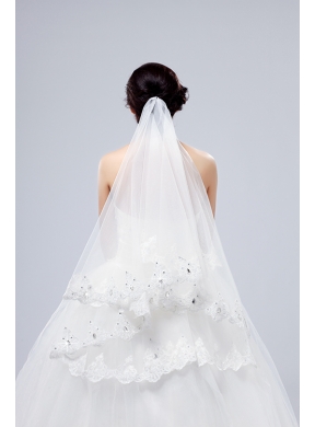 2014 Two-Tier Tulle Lace Appliques Edge Bridal Veils