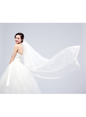 Angle Cut Two-Tier Lace Appliques Edge Chapel Bridal Veils