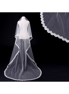 Angle Cut Two-Tier Lace Appliques Edge Chapel Bridal Veils