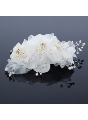 Beautiful Rhinestone Pearl Chiffon White Hair Flowers