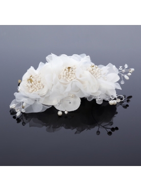 Beautiful Rhinestone Pearl Chiffon White Hair Flowers