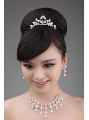 Rhinestone Wedding Jewelry Set In Alloy Including Necklace Earrings And Crown