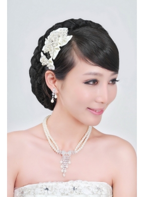 Amazing Alloy With Peals Wedding Jewelry Set Including Necklace Earrings And Headpiece