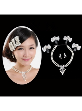 Amazing Alloy With Peals Wedding Jewelry Set Including Necklace Earrings And Headpiece