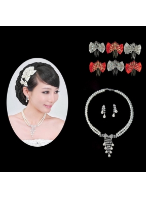 Amazing Alloy With Peals Wedding Jewelry Set Including Necklace Earrings And Headpiece