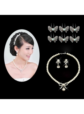 Beautiful Alloy With Peals Wedding Jewelry Set Including Necklace Earrings And Headpiece