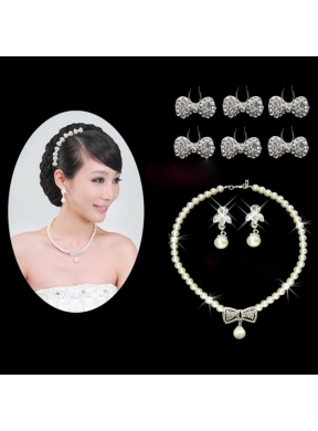 Beautiful Alloy With Pearls Wedding Jewelry Set Including Necklace Earrings And Headpiece