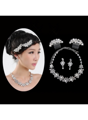 Beautiful Alloy With Rhinestone Anniversary Jewelry Set Including Necklace Earrings And Jewelry Comb